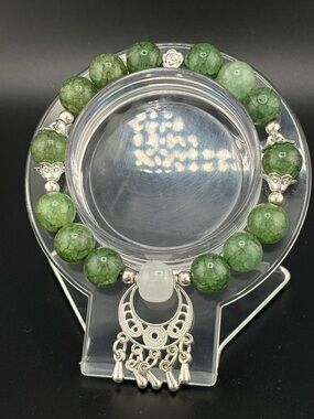 Green Agate Bead Bracelet with Silver Charm